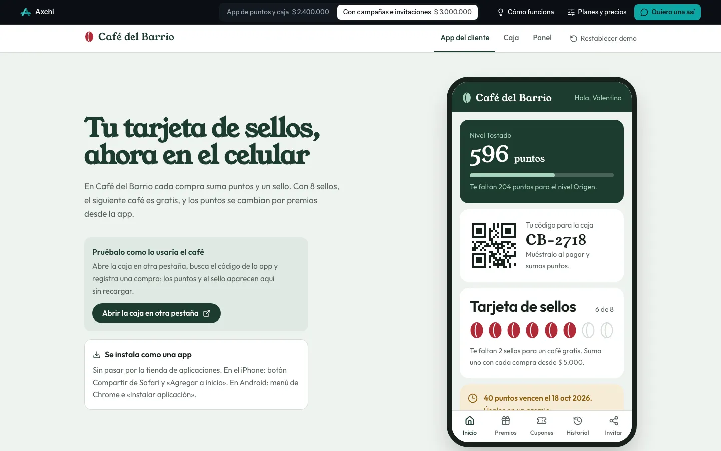 App de puntos de la demo de Café del Barrio, con la tarjeta de sellos