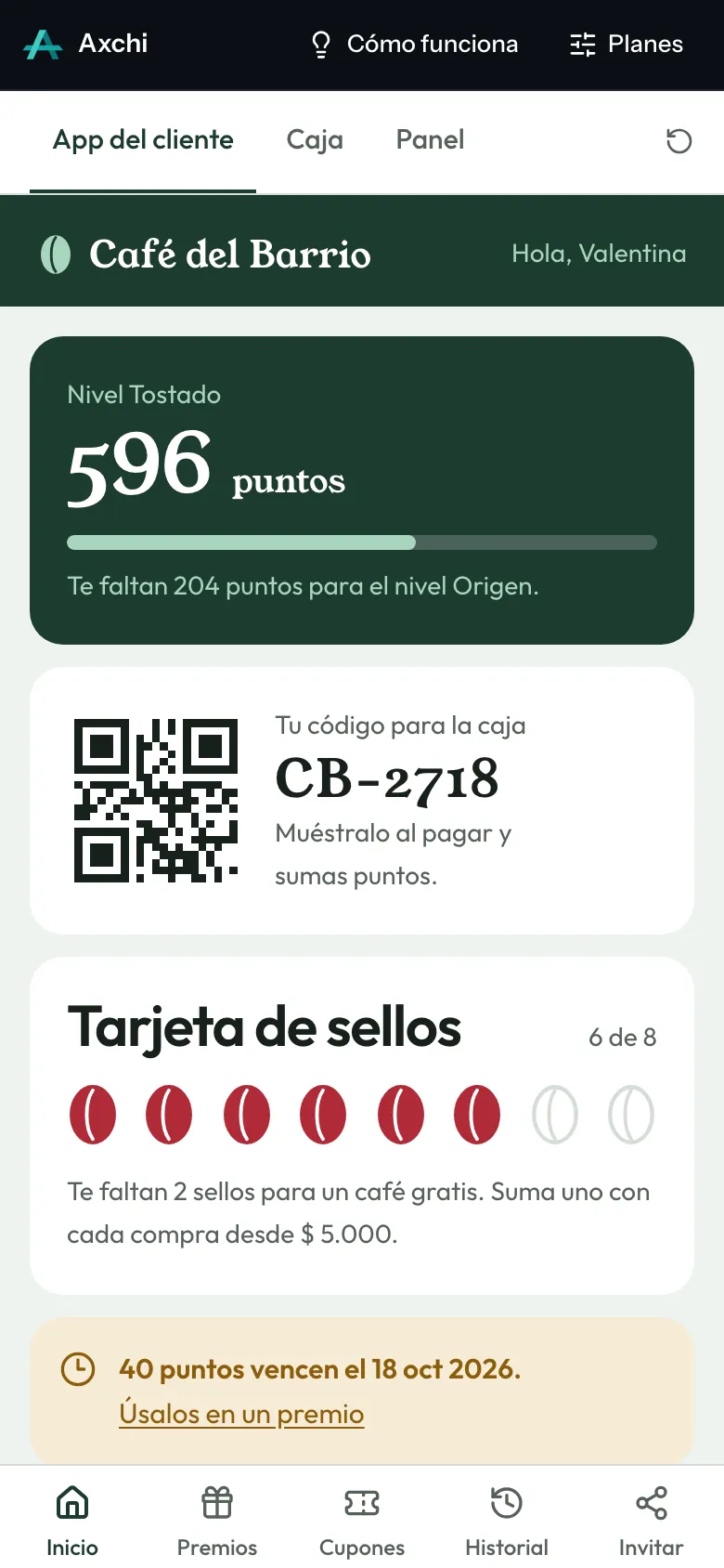 App de puntos de Café del Barrio en un celular