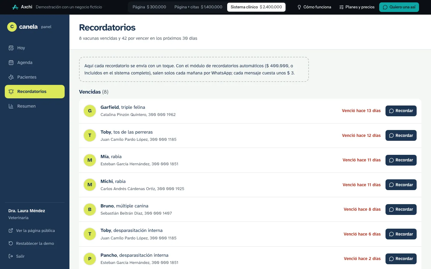 Lista de recordatorios de vacunas