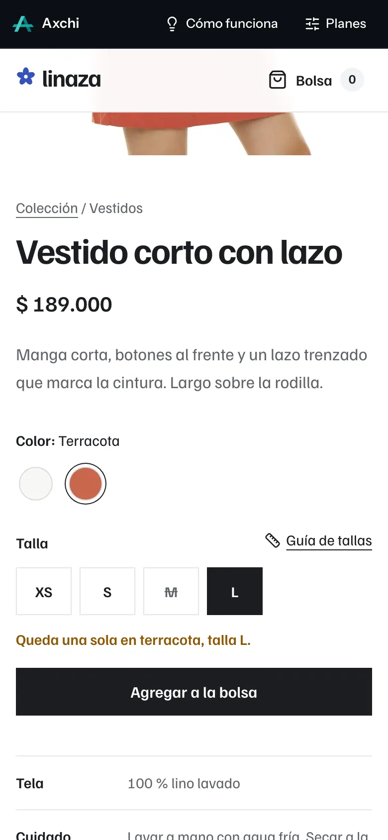Prenda con colores y tallas en un celular