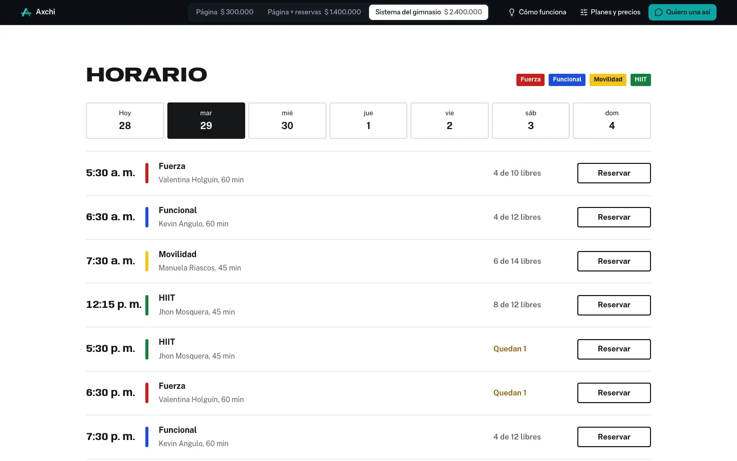 Horario de clases con cupos de la demo de Titán Gym