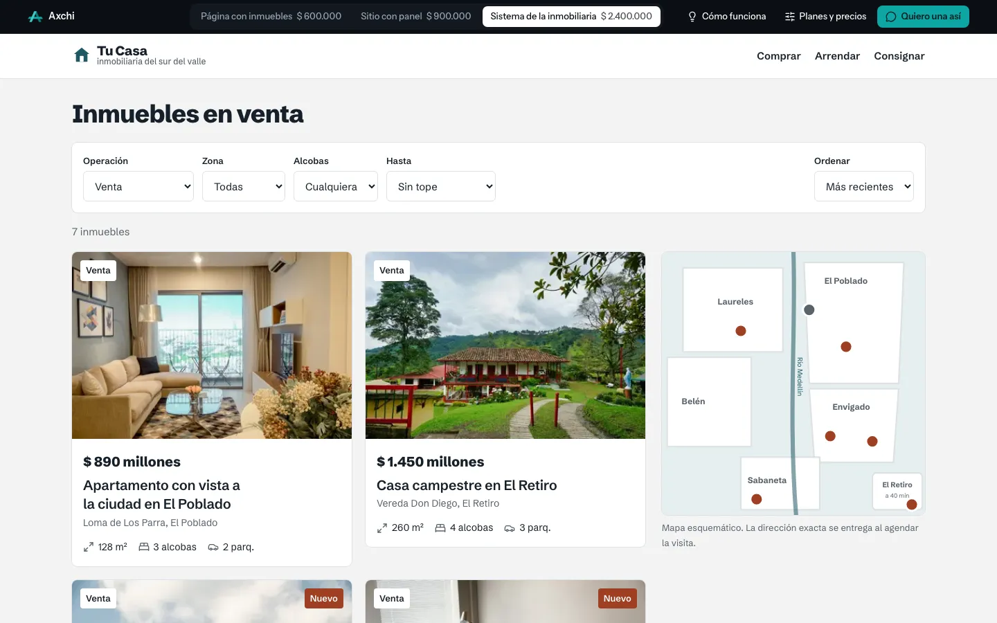 Listado de inmuebles con filtros y mapa de la demo de Tu Casa Inmobiliaria
