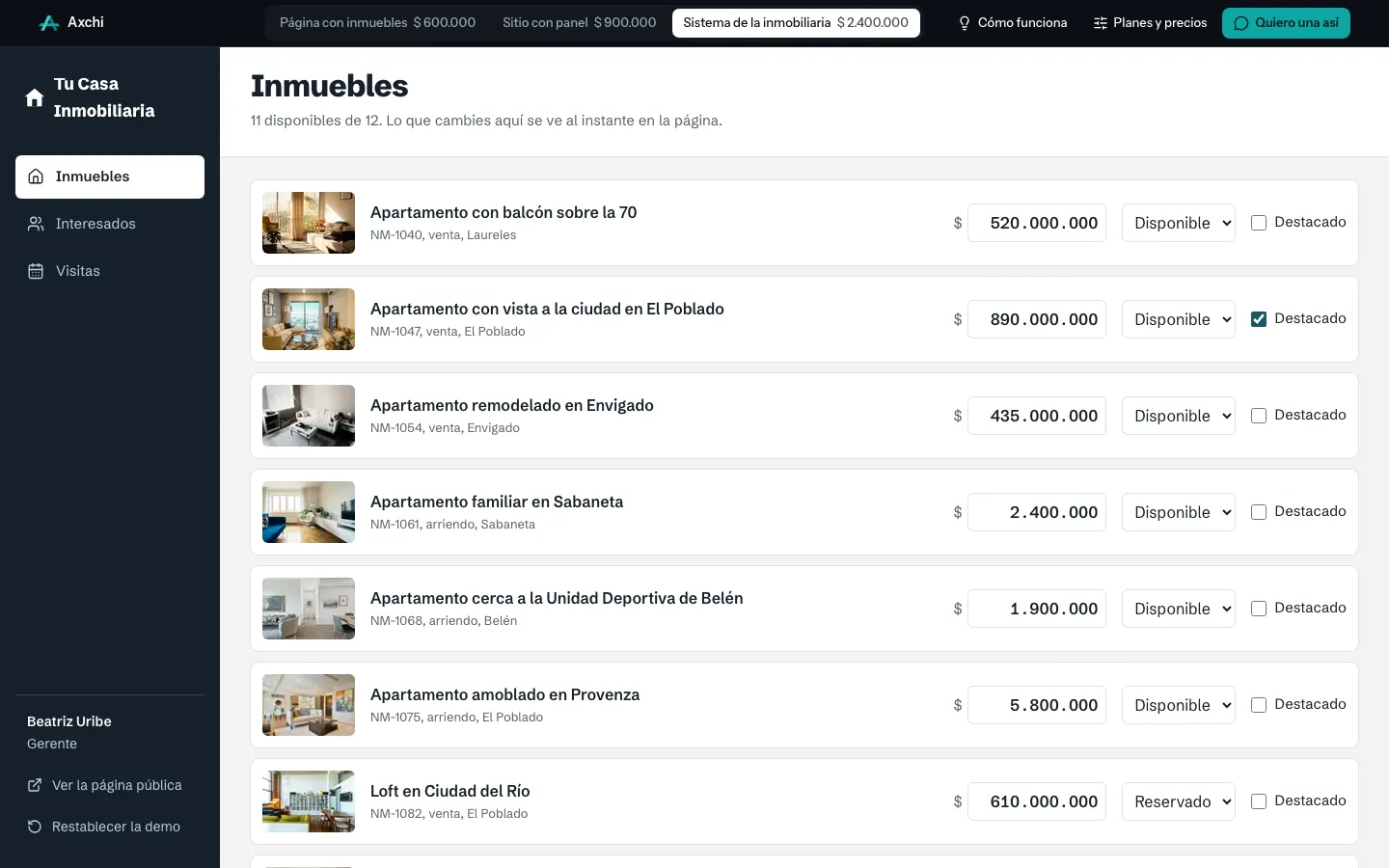 Panel de inmuebles con precio y estado