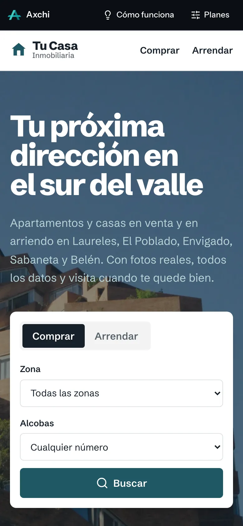 Portada de la demo de Tu Casa Inmobiliaria en un celular