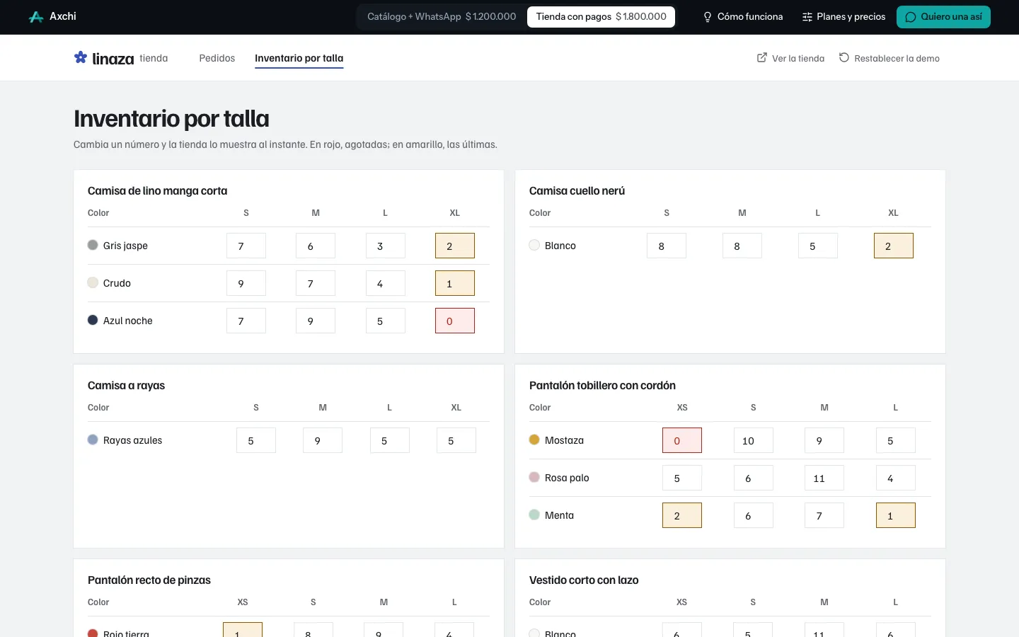 Inventario por color y talla