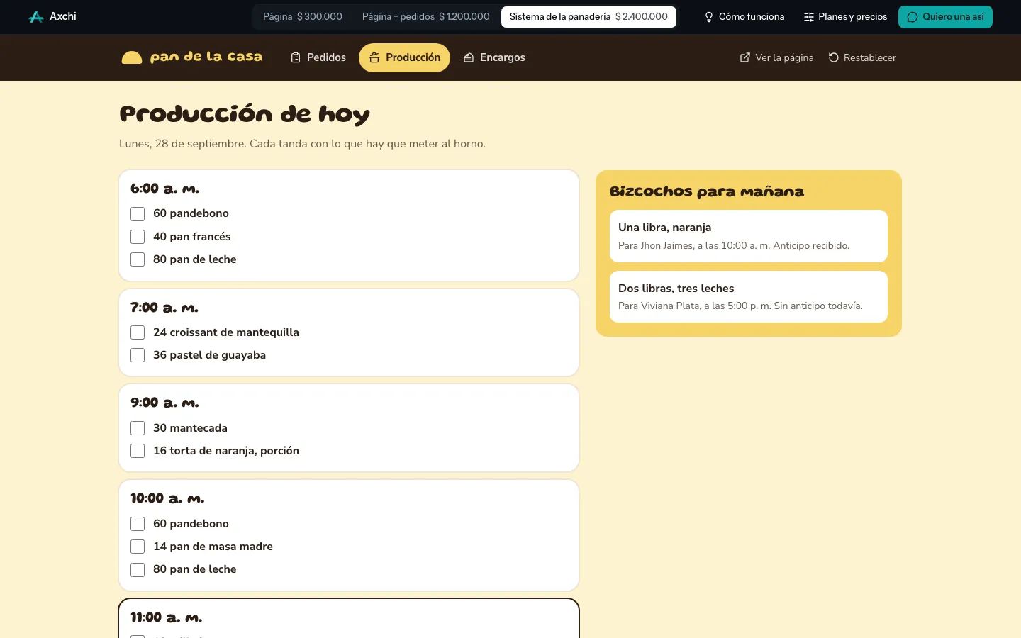 Plan de producción del día por tandas