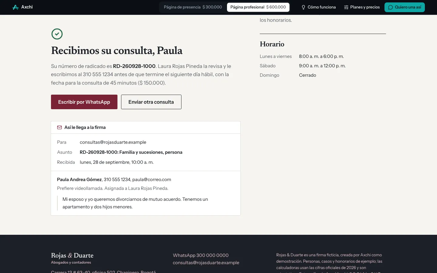 Consulta enviada y correo que recibe la firma