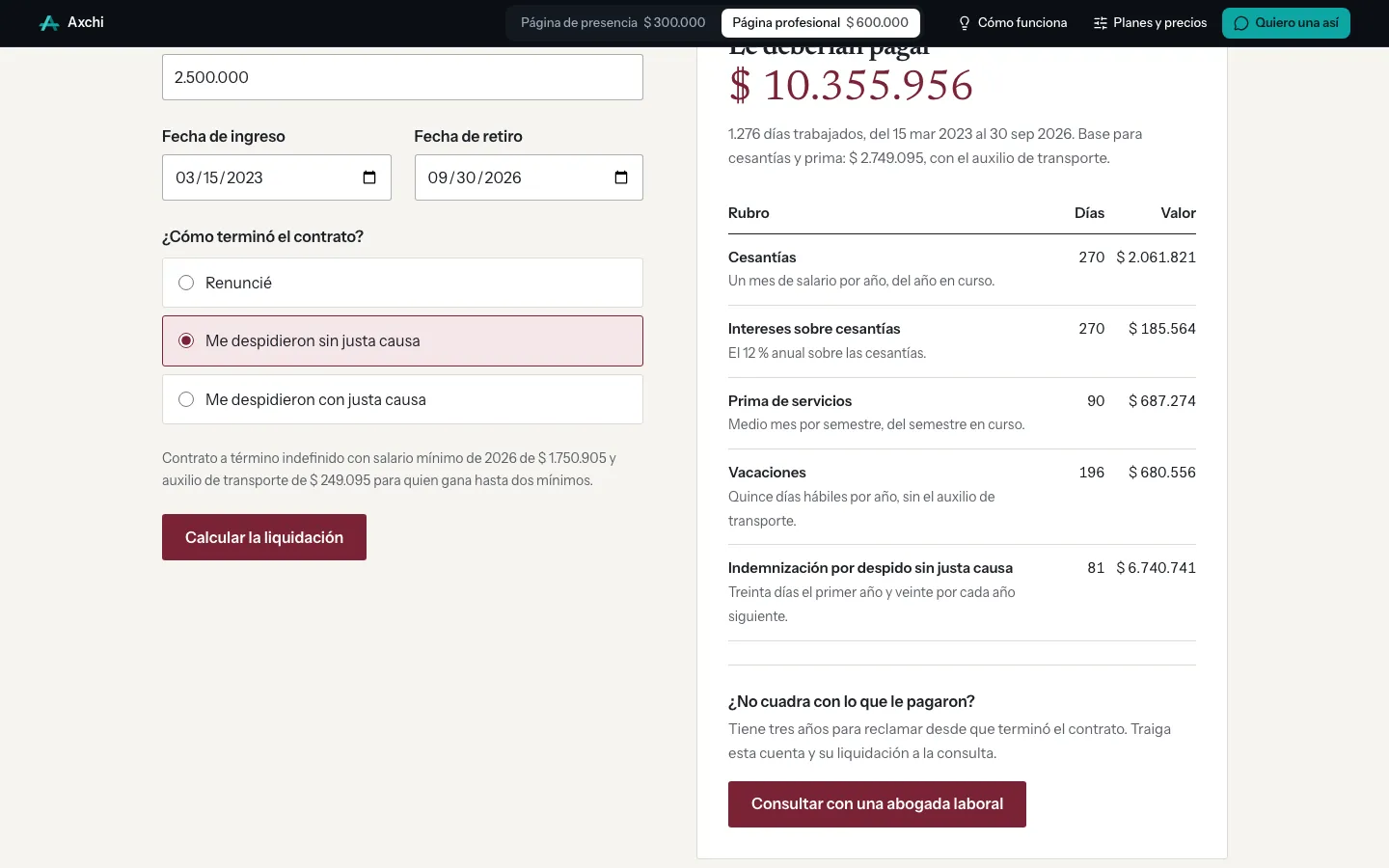 Calculadora de liquidación con cada rubro