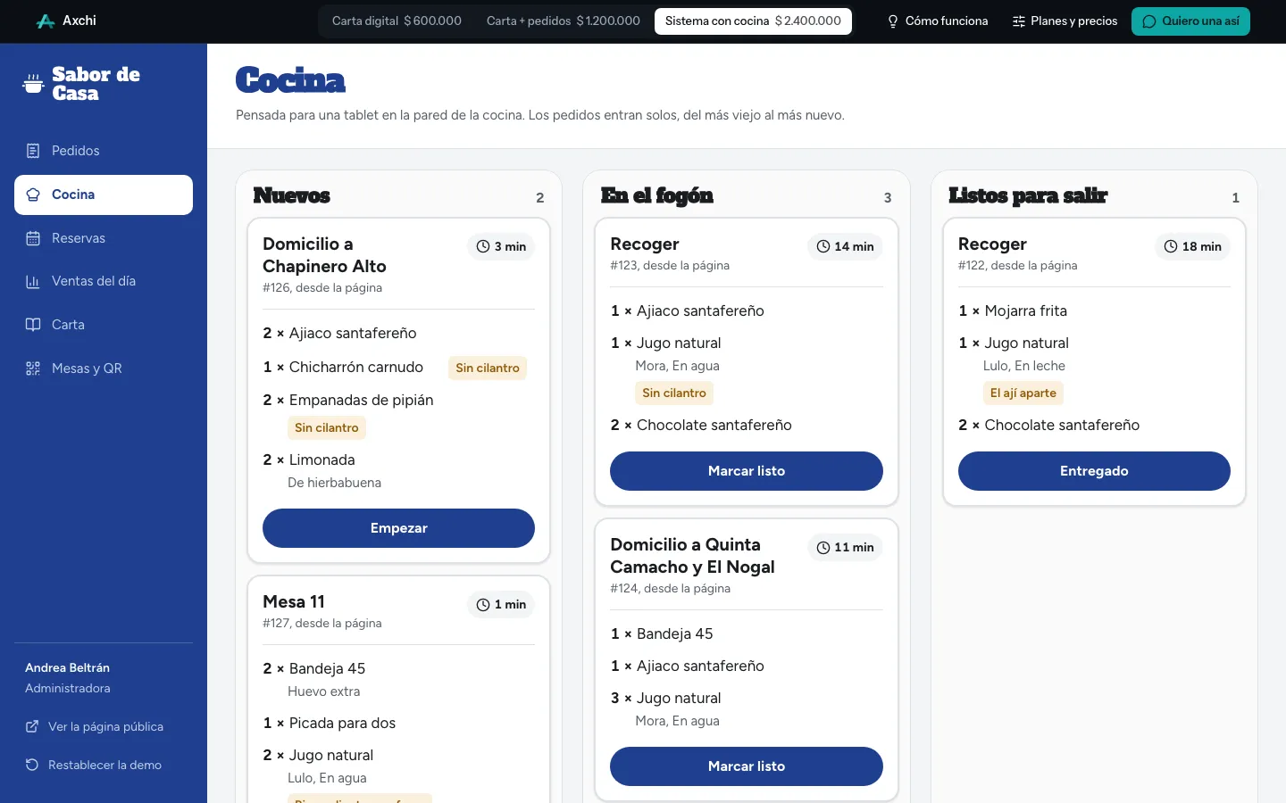 Pantalla de la cocina con pedidos nuevos, en preparación y listos