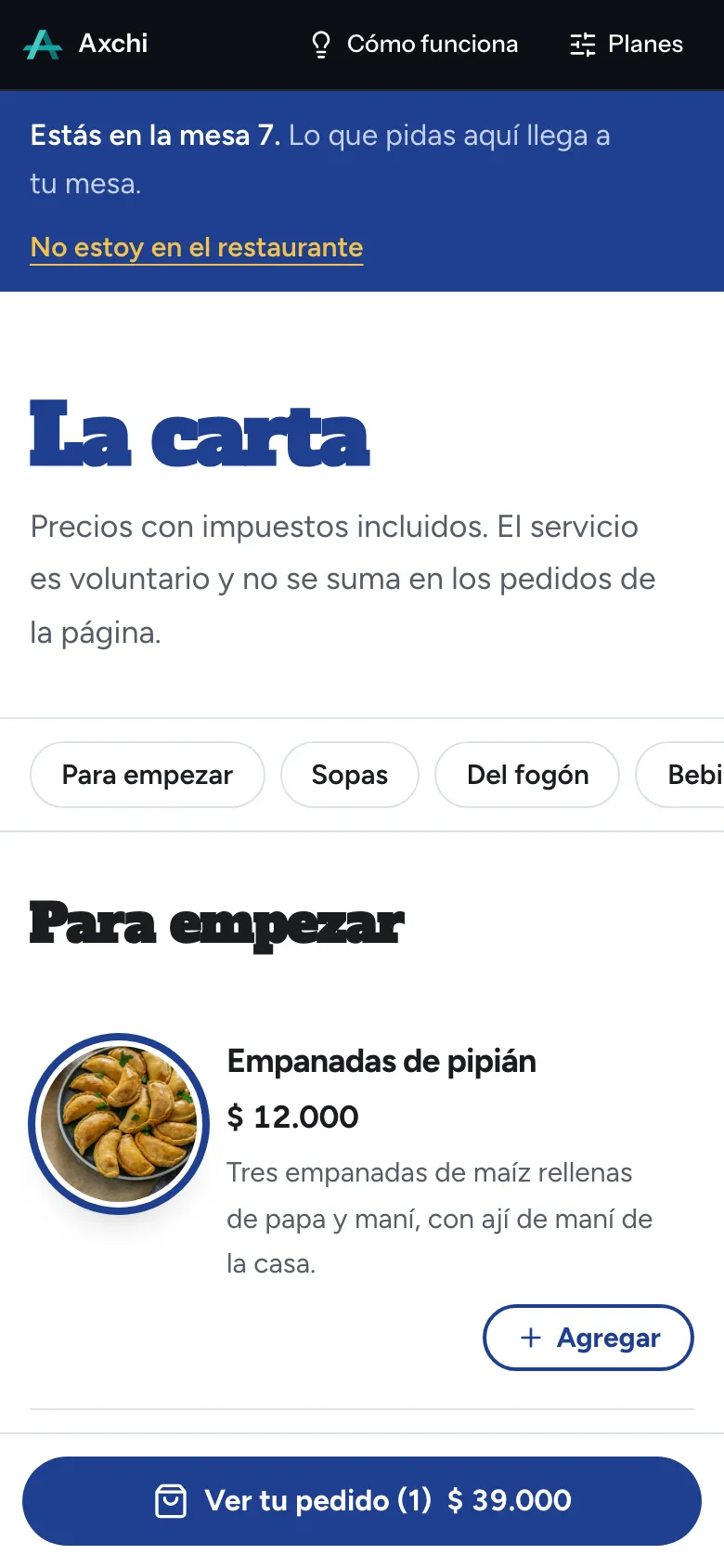 Carta abierta desde el QR de la mesa 7 en un celular