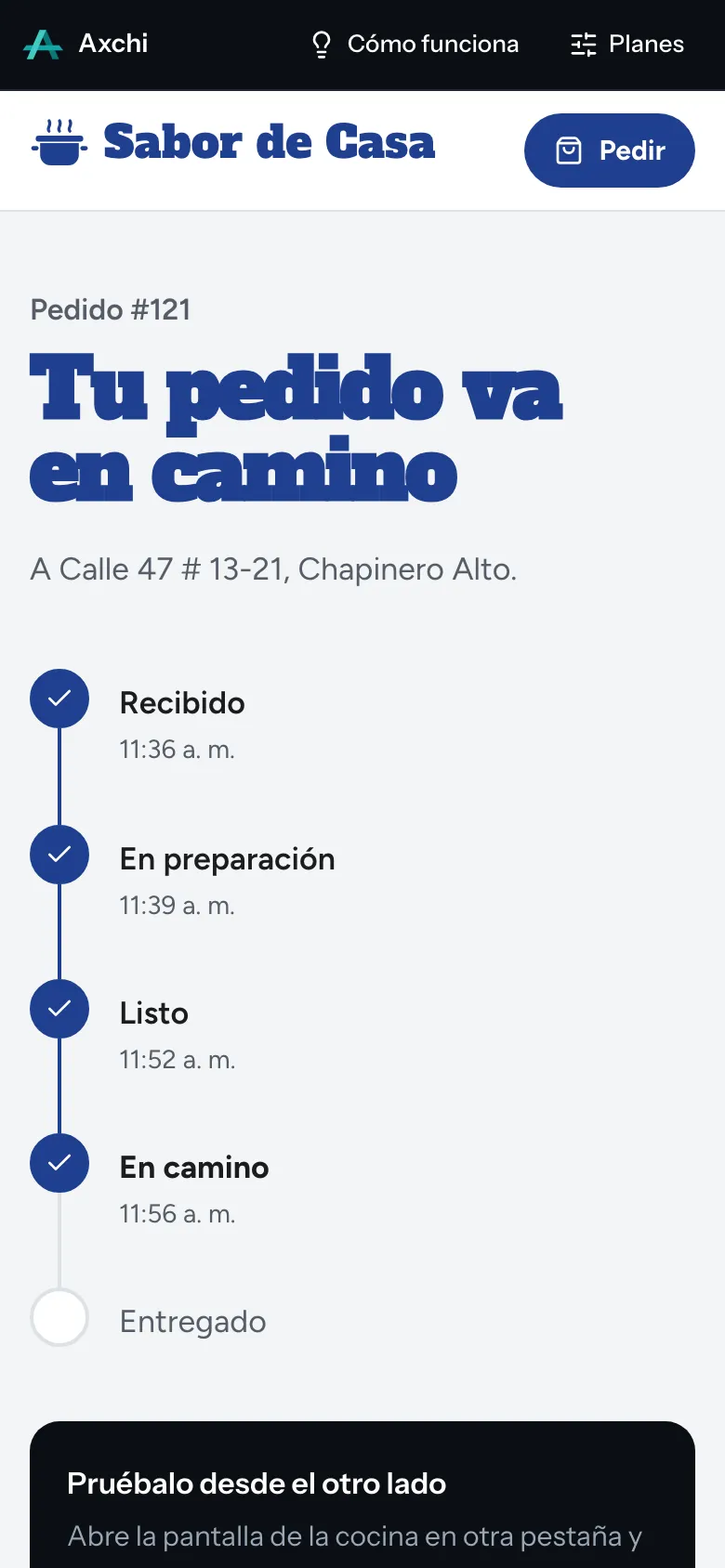 Seguimiento del pedido en el celular del cliente