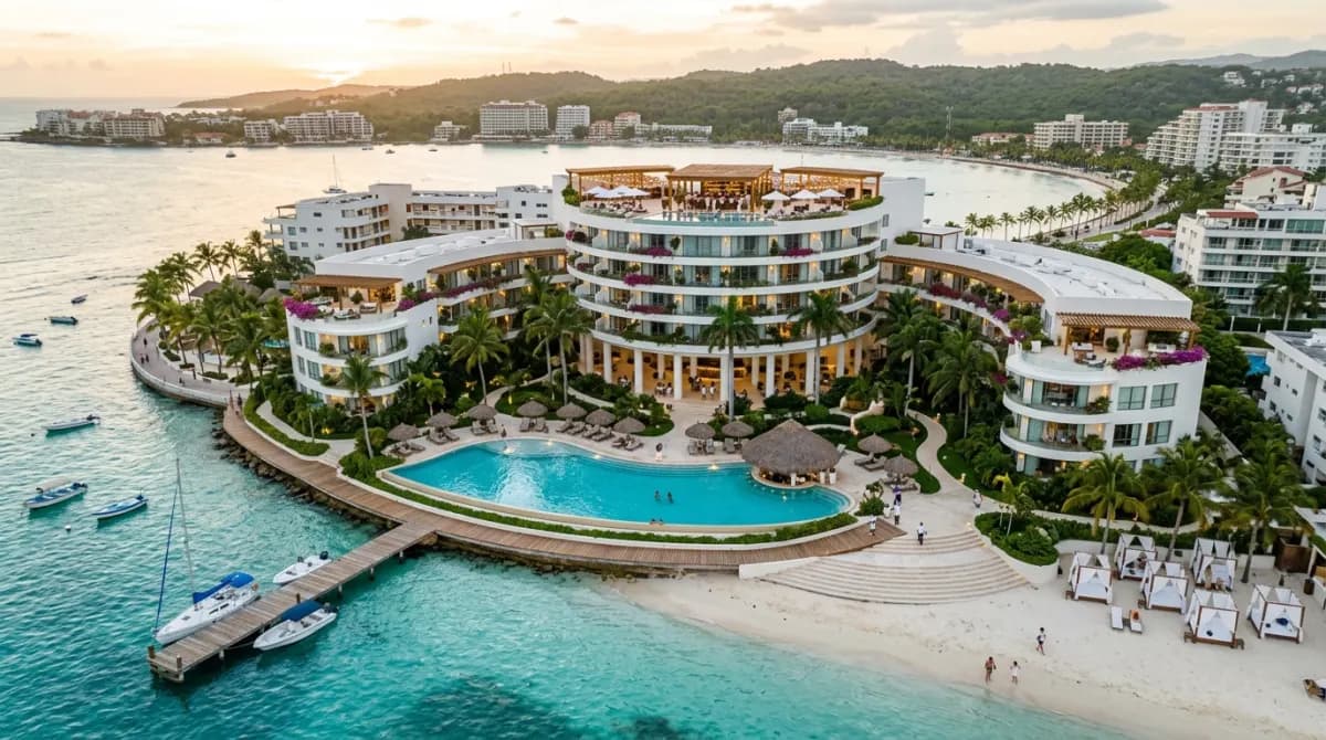 Vista aérea del resort en la bahía al atardecer