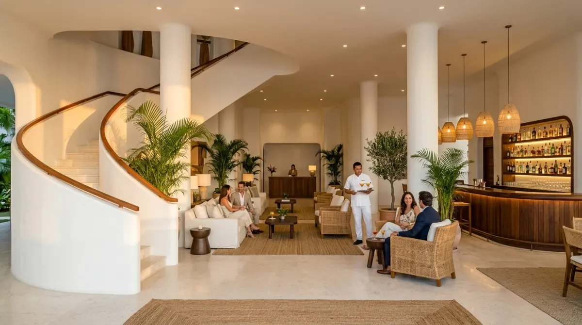 Salón con escalera curva y bar de teca